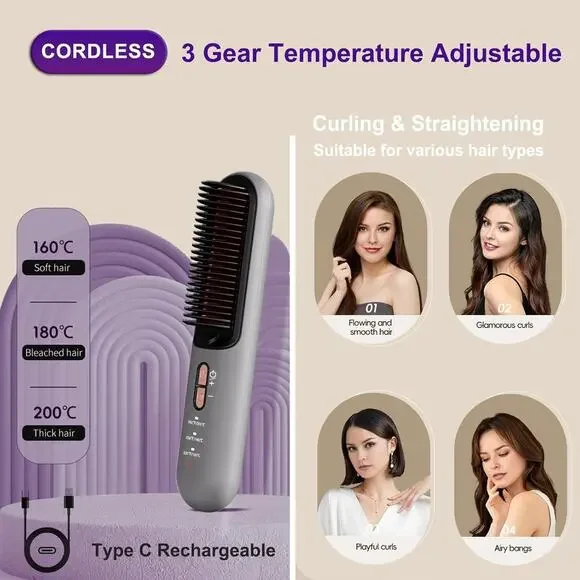 Cordless Hair Straightener Brush,Upgraded Portable Hair Straightener Brush for W - Picture 5 of 5